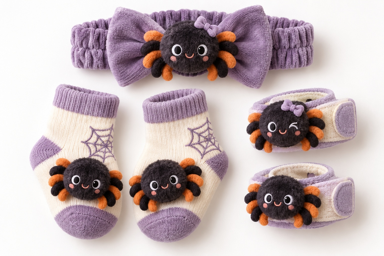 Wholesale Halloween Baby Spider Doll Headband Gift Set – Detachable Plush Headband + Matching Socks & Wristbands for Boutiques