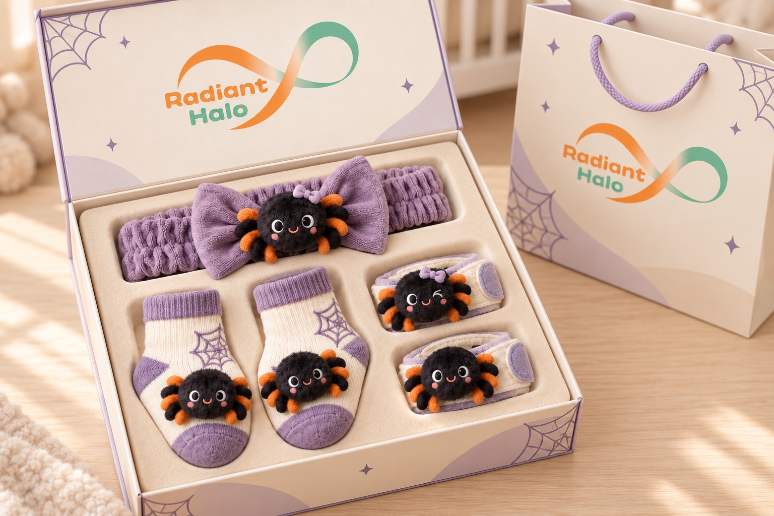 Wholesale Halloween Baby Spider Doll Headband Gift Set – Detachable Plush Headband + Matching Socks & Wristbands for Boutiques