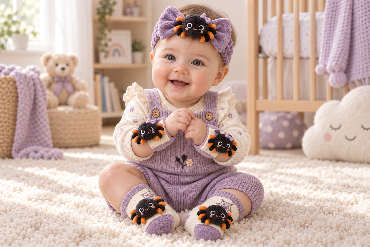 Wholesale Halloween Baby Spider Doll Headband Gift Set – Detachable Plush Headband + Matching Socks & Wristbands for Boutiques