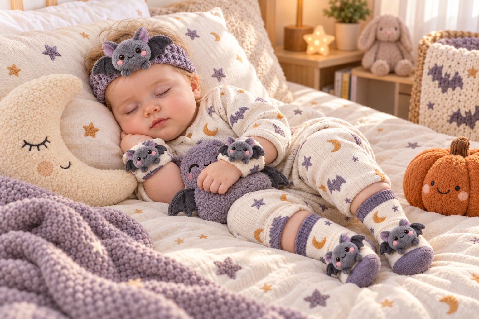 Wholesale Halloween Baby Bat Gift Set – Plush Doll Headband, Socks & Wristbands for Boutique Retail