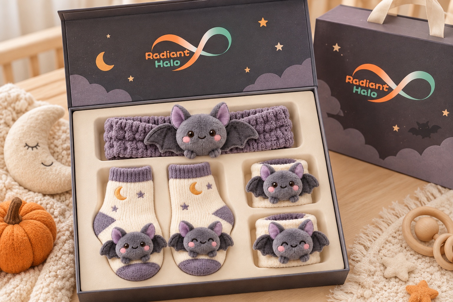 Wholesale Halloween Baby Bat Gift Set – Plush Doll Headband, Socks & Wristbands for Boutique Retail
