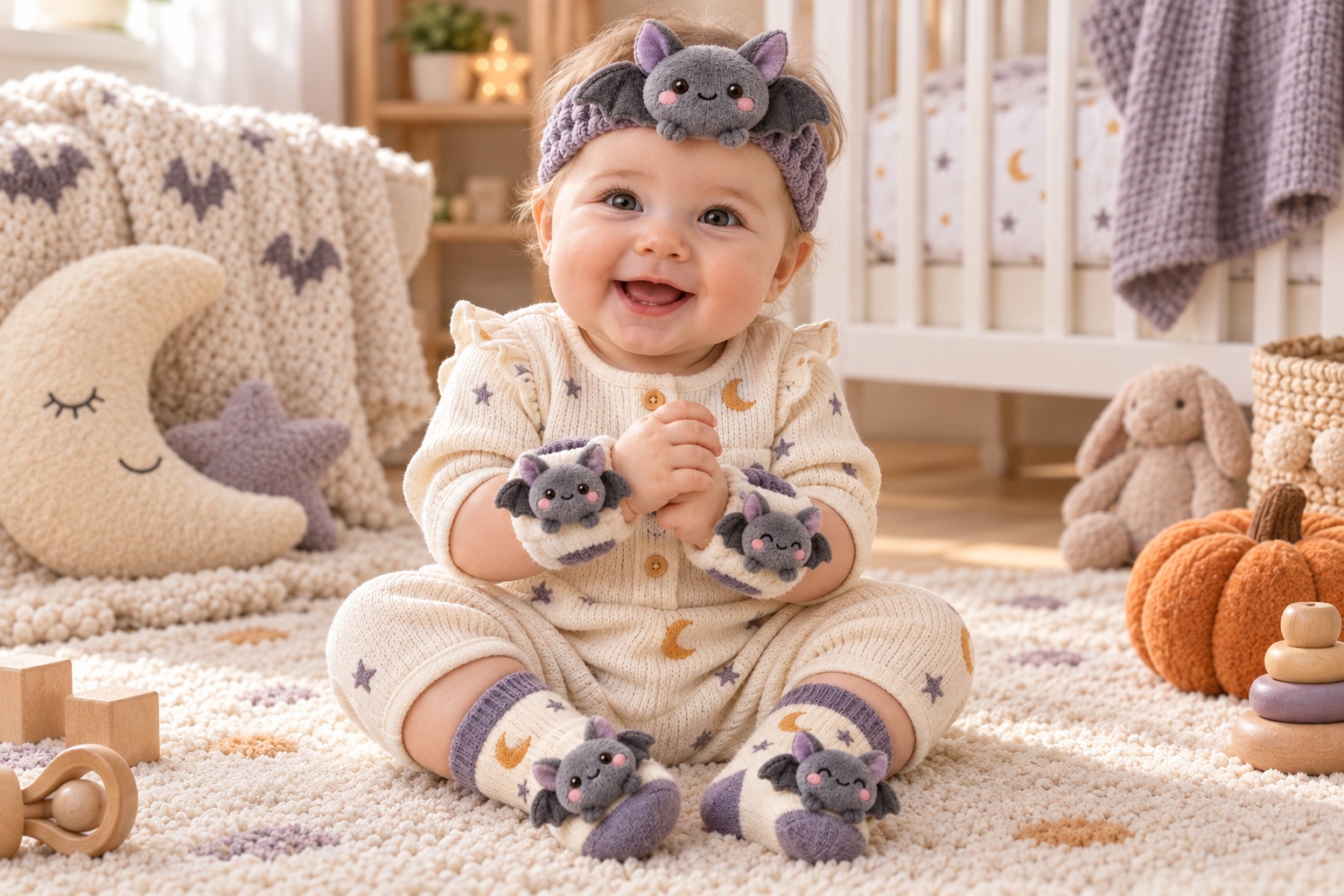 Wholesale Halloween Baby Bat Gift Set – Plush Doll Headband, Socks & Wristbands for Boutique Retail