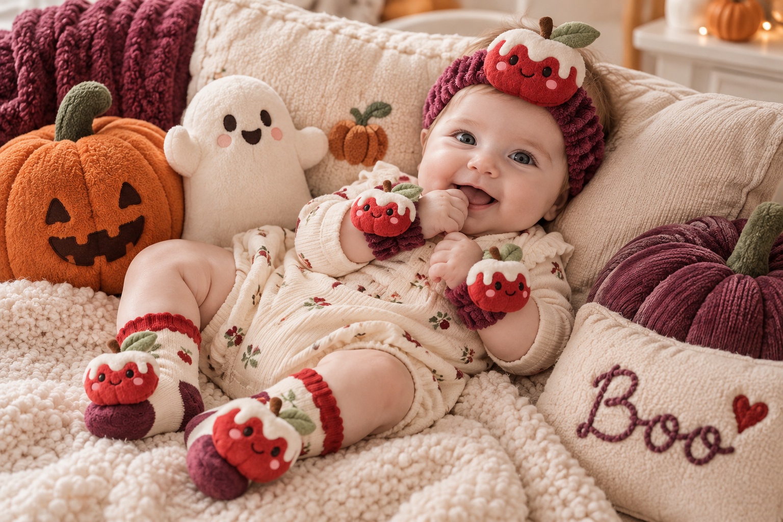 Wholesale Halloween Baby Gift Set with Plush Candy Apple Doll Headband, Matching Socks & Wristbands – Boutique Seasonal Infant Accessories