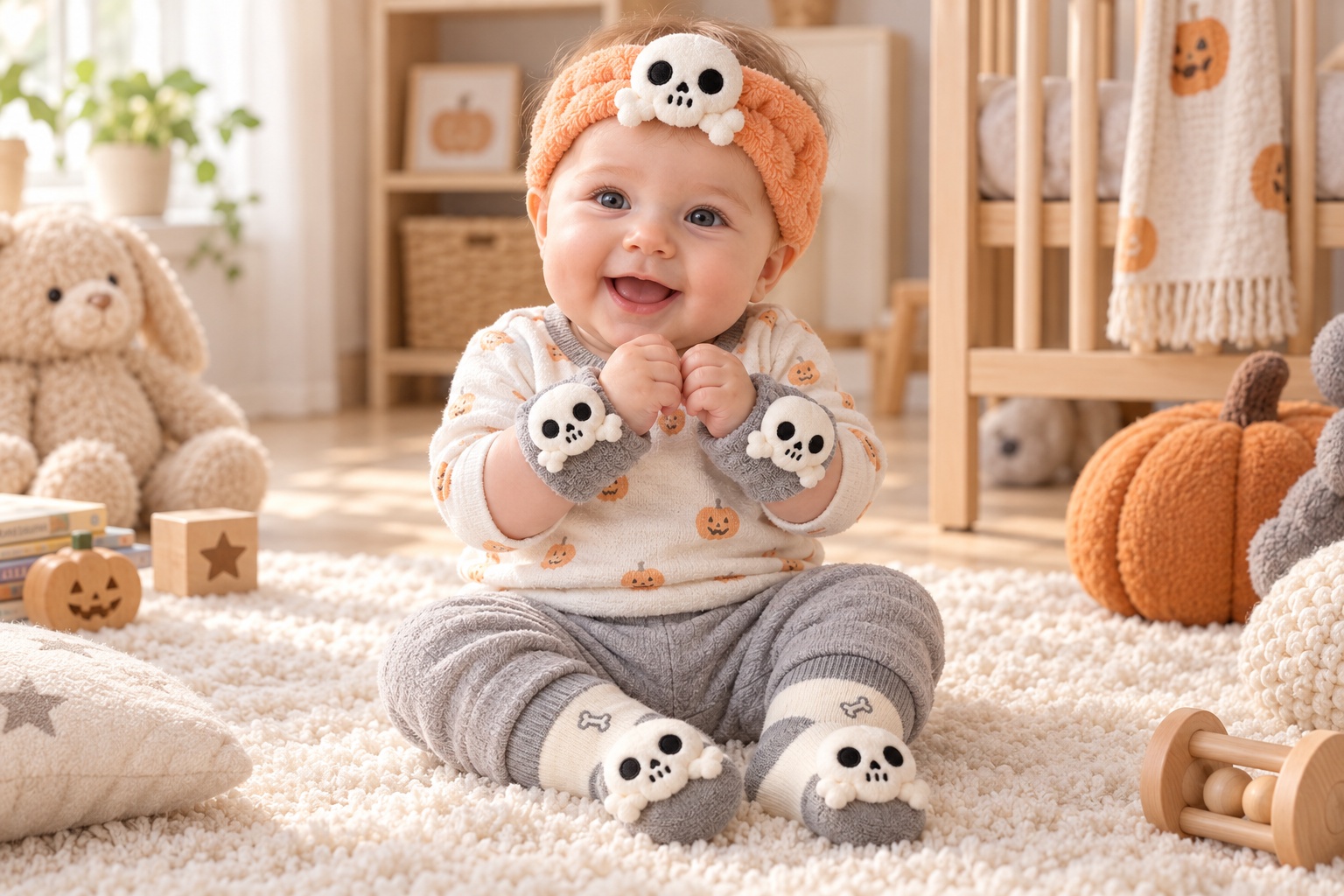 Wholesale Halloween Baby Gift Set with Plush Skull Doll Headband, Bone Socks & Wristbands – Boutique-Ready Seasonal Infant Accessories