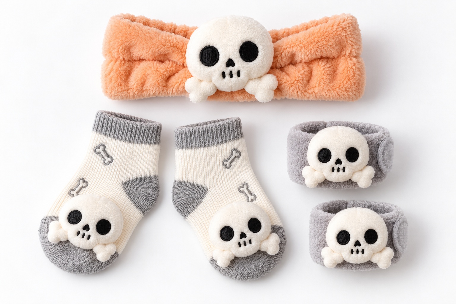 Wholesale Halloween Baby Gift Set with Plush Skull Doll Headband, Bone Socks & Wristbands – Boutique-Ready Seasonal Infant Accessories