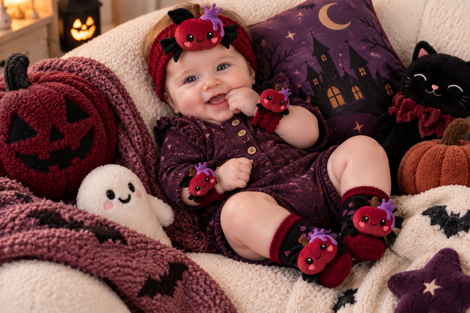 B2B Wholesale Halloween Baby Plush Doll Headband Gift Set with Matching Socks & Wristbands – Poison Apple Theme