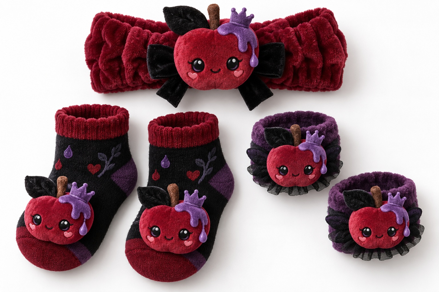 B2B Wholesale Halloween Baby Plush Doll Headband Gift Set with Matching Socks & Wristbands – Poison Apple Theme