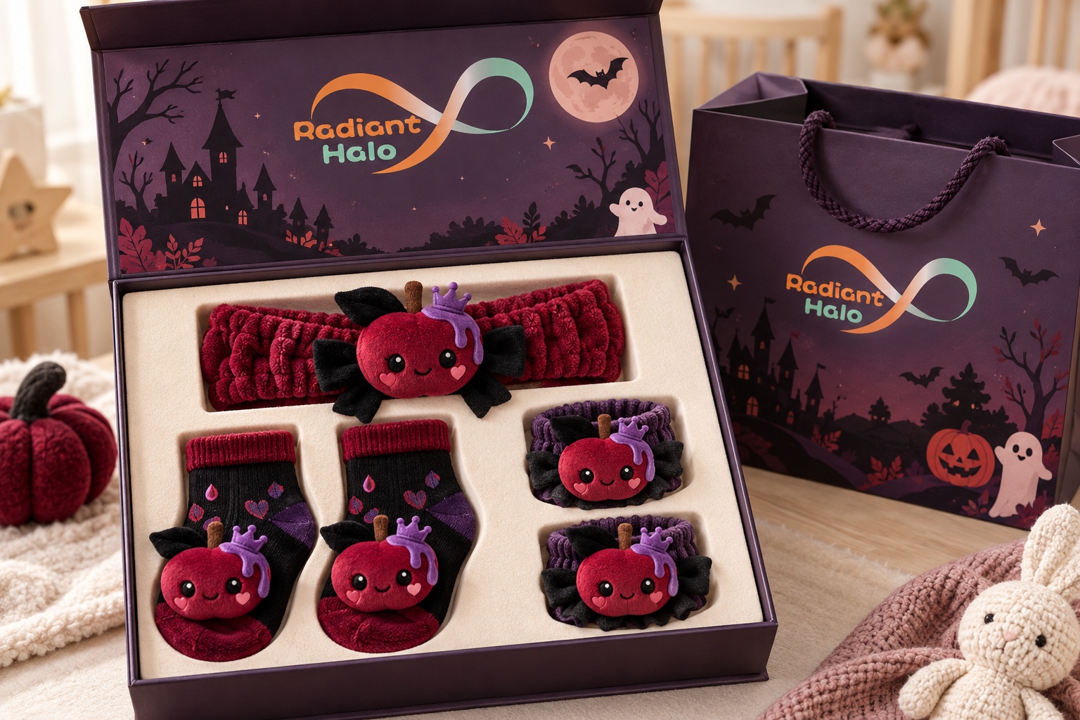 B2B Wholesale Halloween Baby Plush Doll Headband Gift Set with Matching Socks & Wristbands – Poison Apple Theme