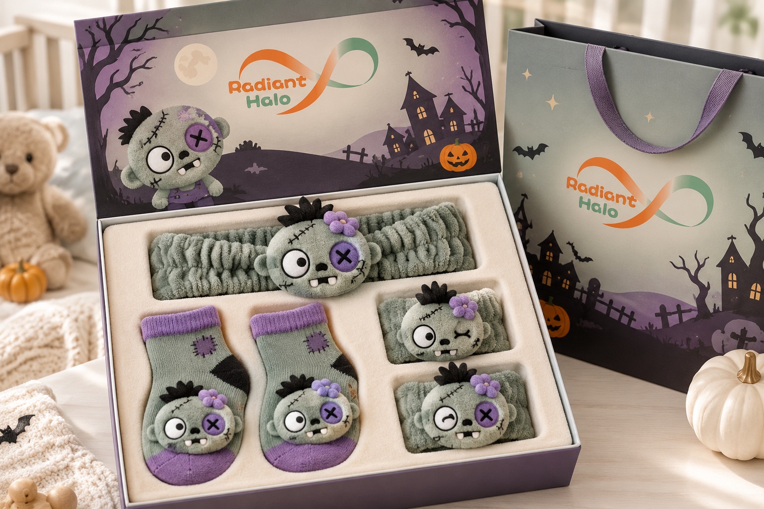Wholesale Halloween Baby Zombie Gift Set – Plush Headband, Socks & Wristbands for Boutique Seasonal Collections
