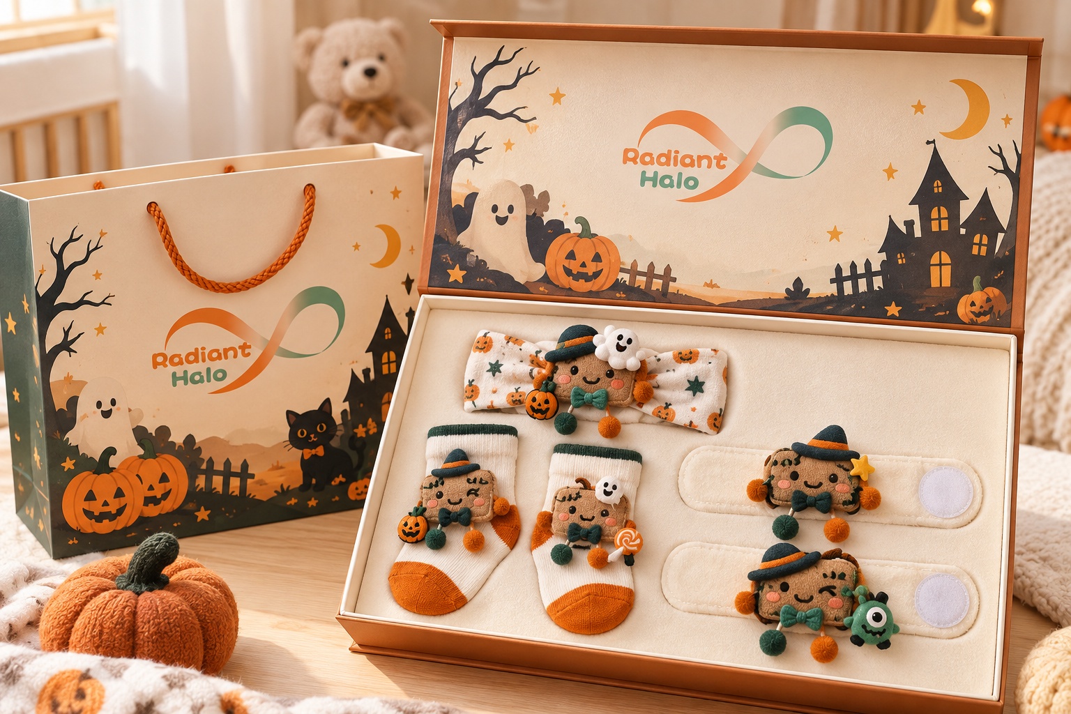 Wholesale Moon Tea Cup Halloween Baby Gift Set – Soft Headband, Socks & Wrist Rattles for Boutiques