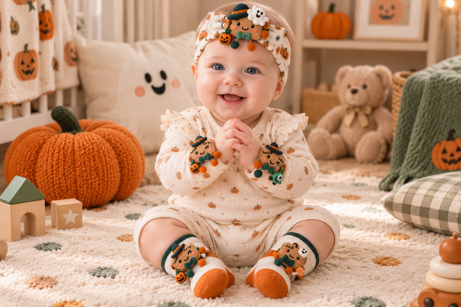Wholesale Moon Tea Cup Halloween Baby Gift Set – Soft Headband, Socks & Wrist Rattles for Boutiques