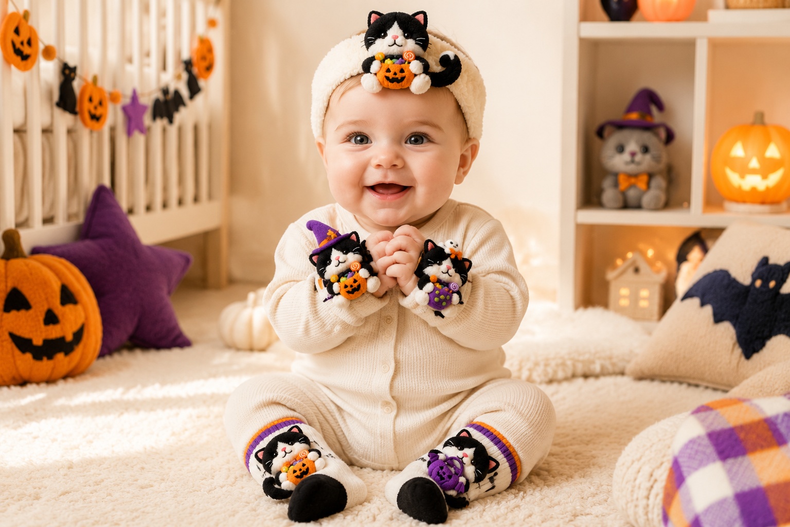 Wholesale Custom Halloween Black Cat Baby Gift Box Set | Plush Headband, Socks & Wrist Rattles