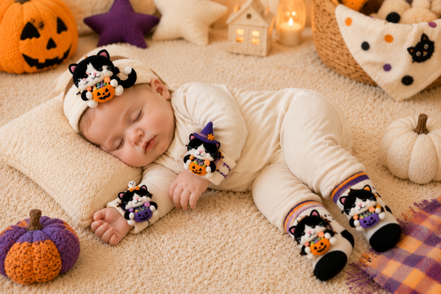 Wholesale Custom Halloween Black Cat Baby Gift Box Set | Plush Headband, Socks & Wrist Rattles