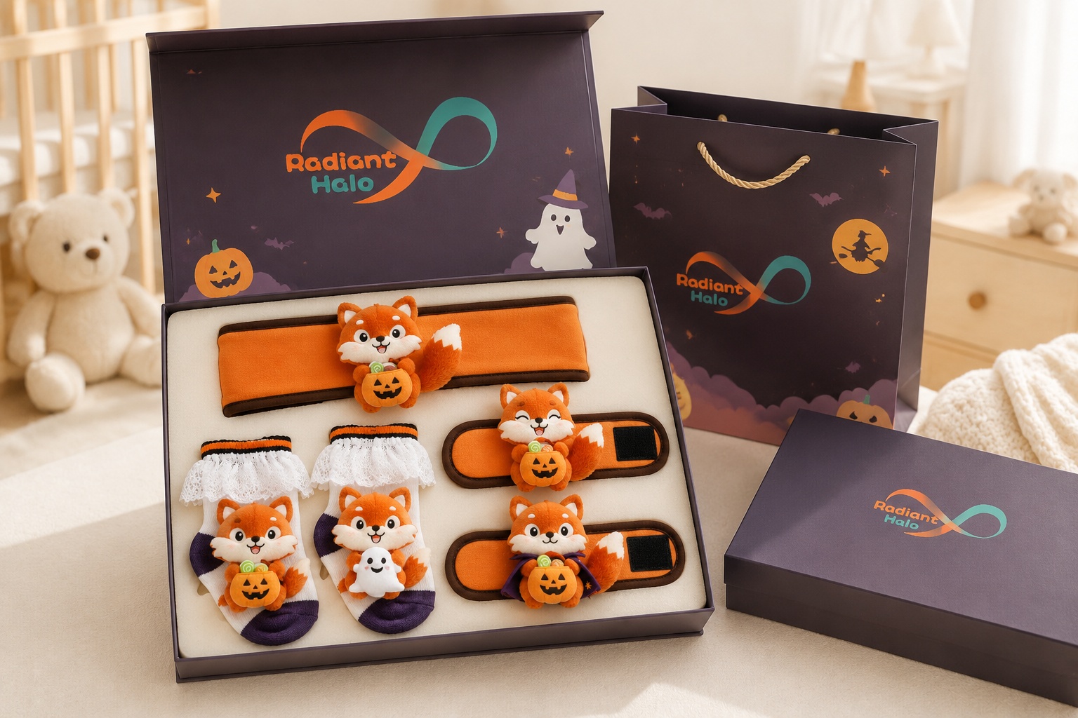 Customizable Fox Halloween Baby Gift Set – Retail-Ready Plush Headband, Socks & Wrist Rattles
