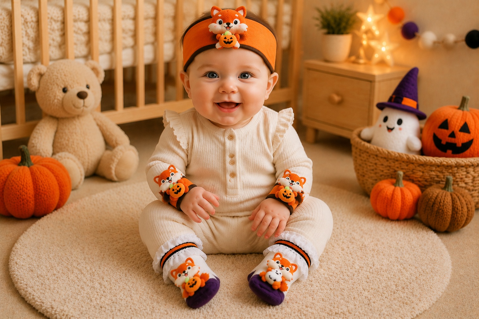 Customizable Fox Halloween Baby Gift Set – Retail-Ready Plush Headband, Socks & Wrist Rattles