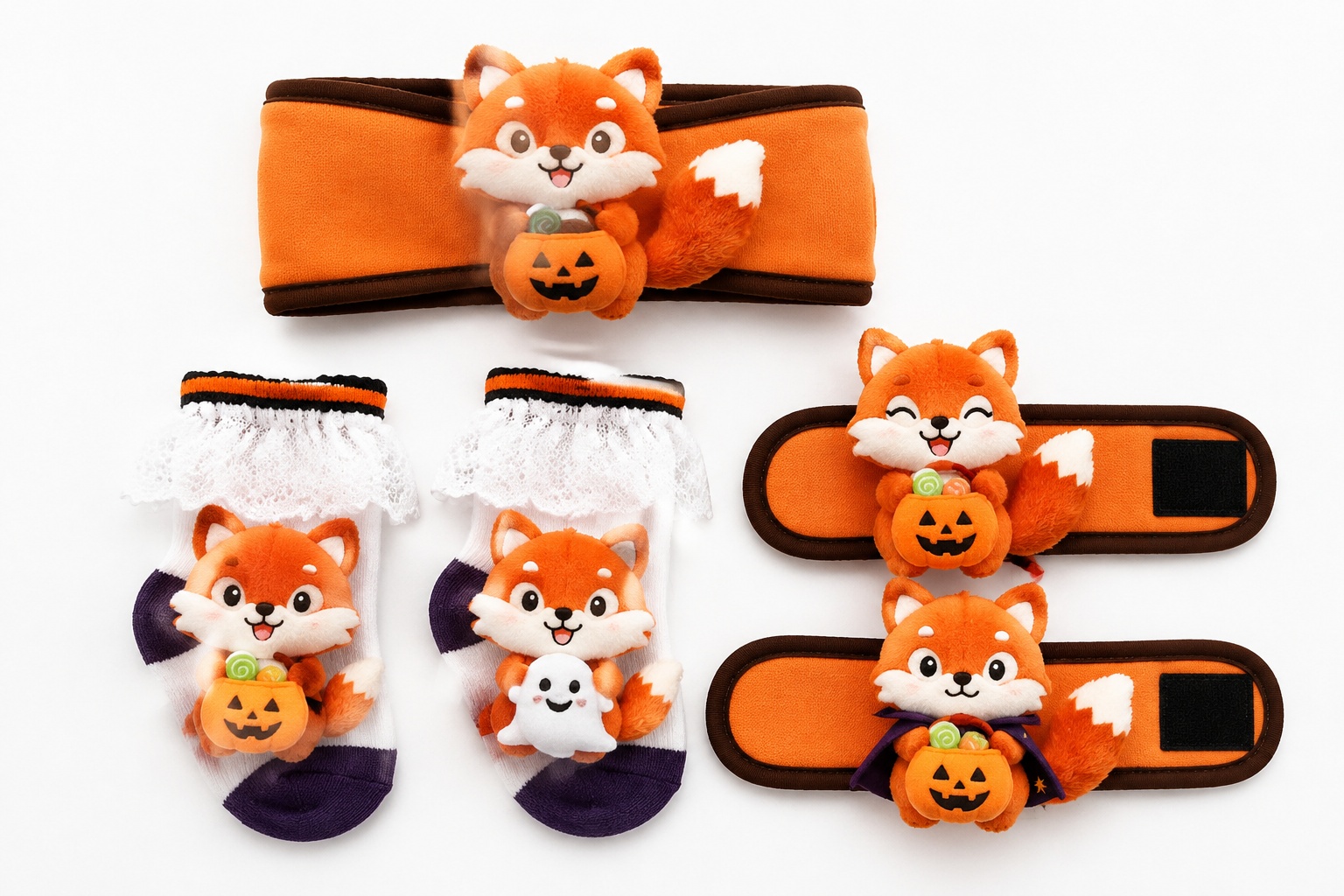 Customizable Fox Halloween Baby Gift Set – Retail-Ready Plush Headband, Socks & Wrist Rattles
