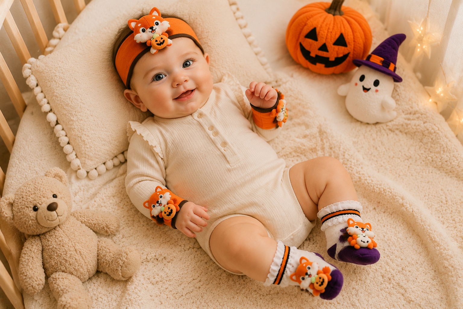 Customizable Fox Halloween Baby Gift Set – Retail-Ready Plush Headband, Socks & Wrist Rattles