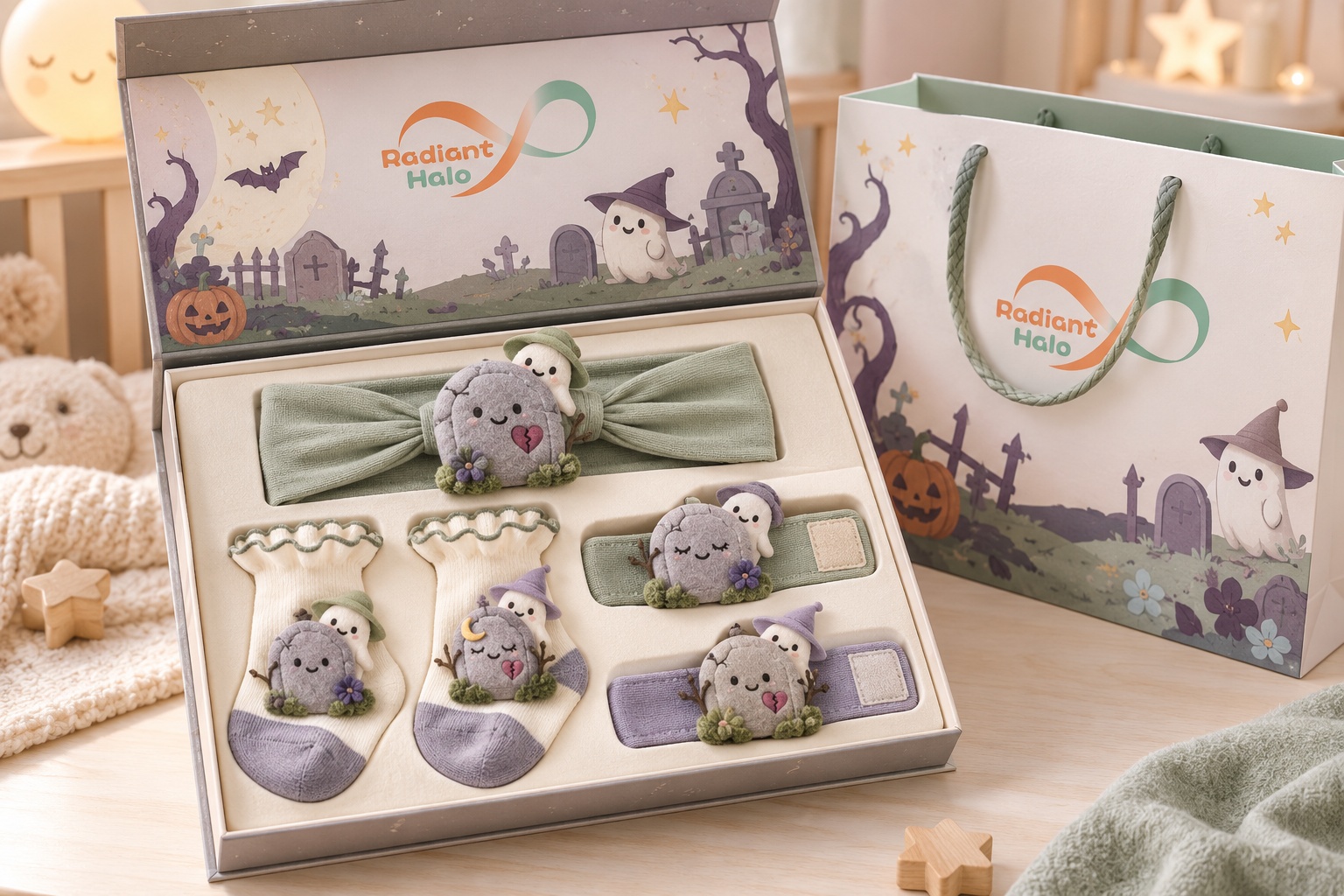 Wholesale Halloween Ghost Tombstone Baby Headband, Socks & Wristband Gift Set | Boutique Seasonal Assortment