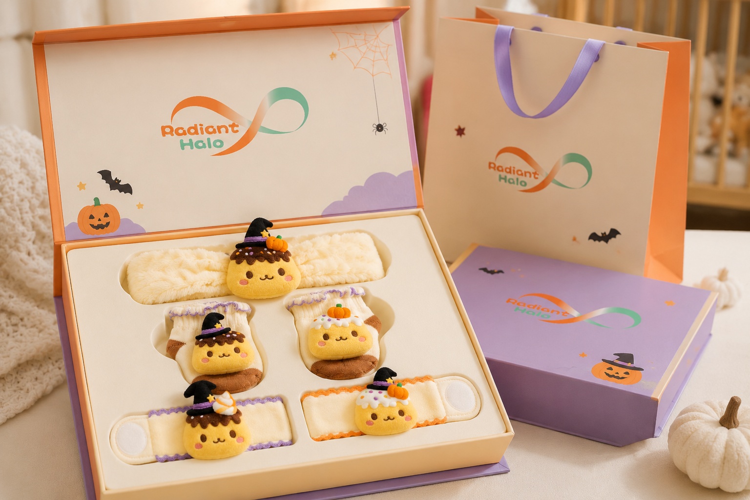 Wholesale Custom Halloween Pudding Baby Gift Box Set | Plush Headband, Socks & Wrist Rattles