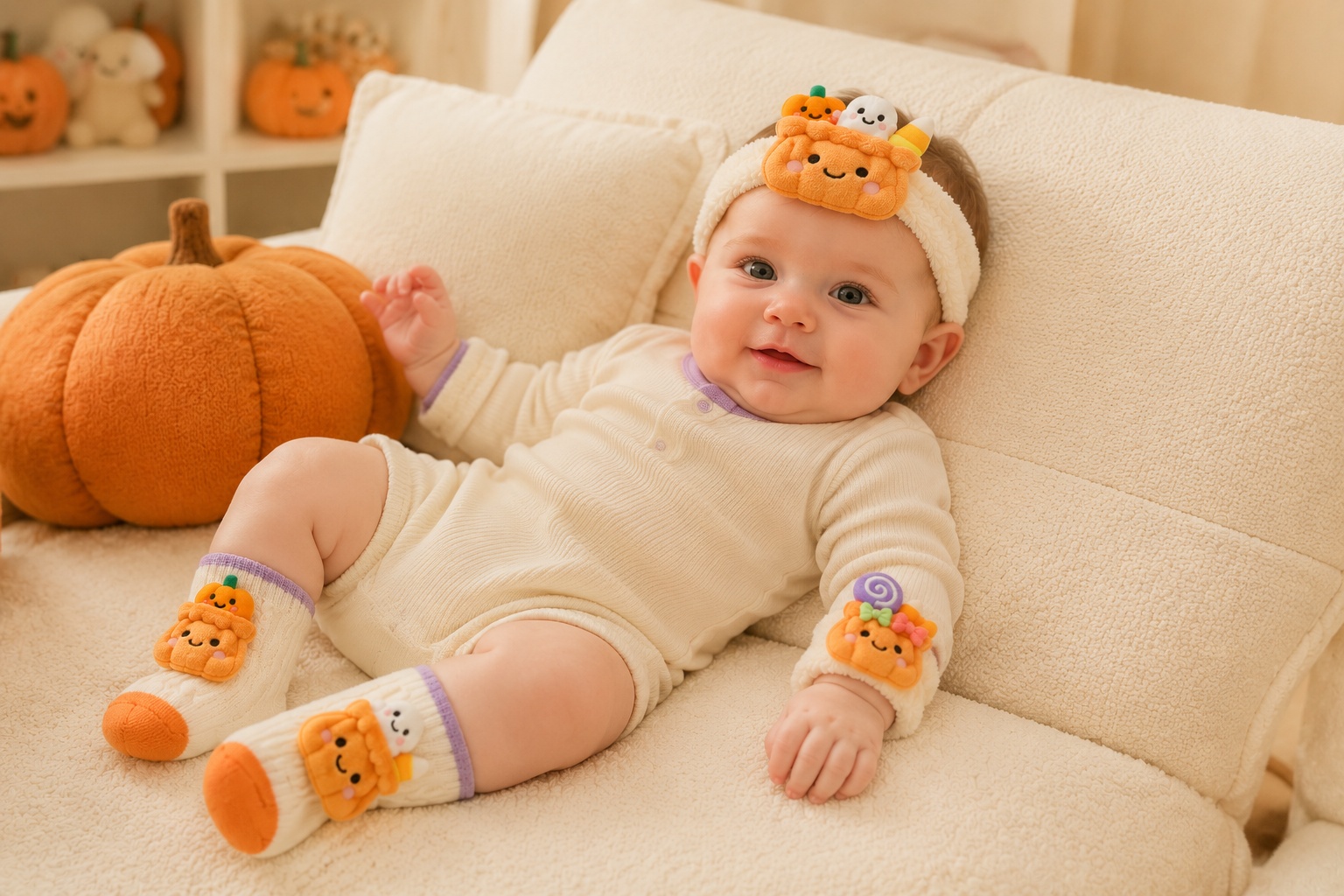 Wholesale Pumpkin Baby Gift Set – Boutique-Ready Plush Doll Headband, Socks & Wrist Rattles