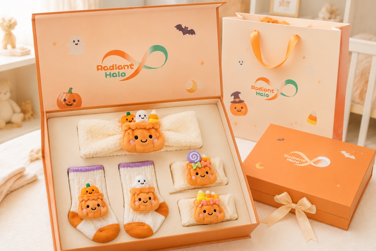 Wholesale Pumpkin Baby Gift Set – Boutique-Ready Plush Doll Headband, Socks & Wrist Rattles