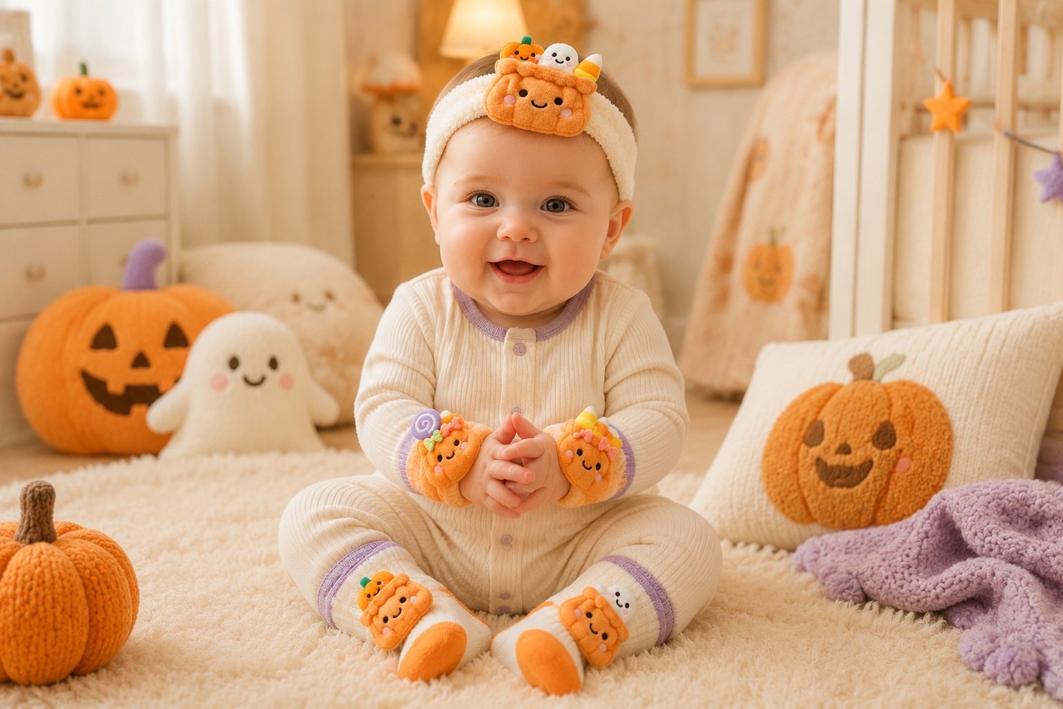 Wholesale Pumpkin Baby Gift Set – Boutique-Ready Plush Doll Headband, Socks & Wrist Rattles