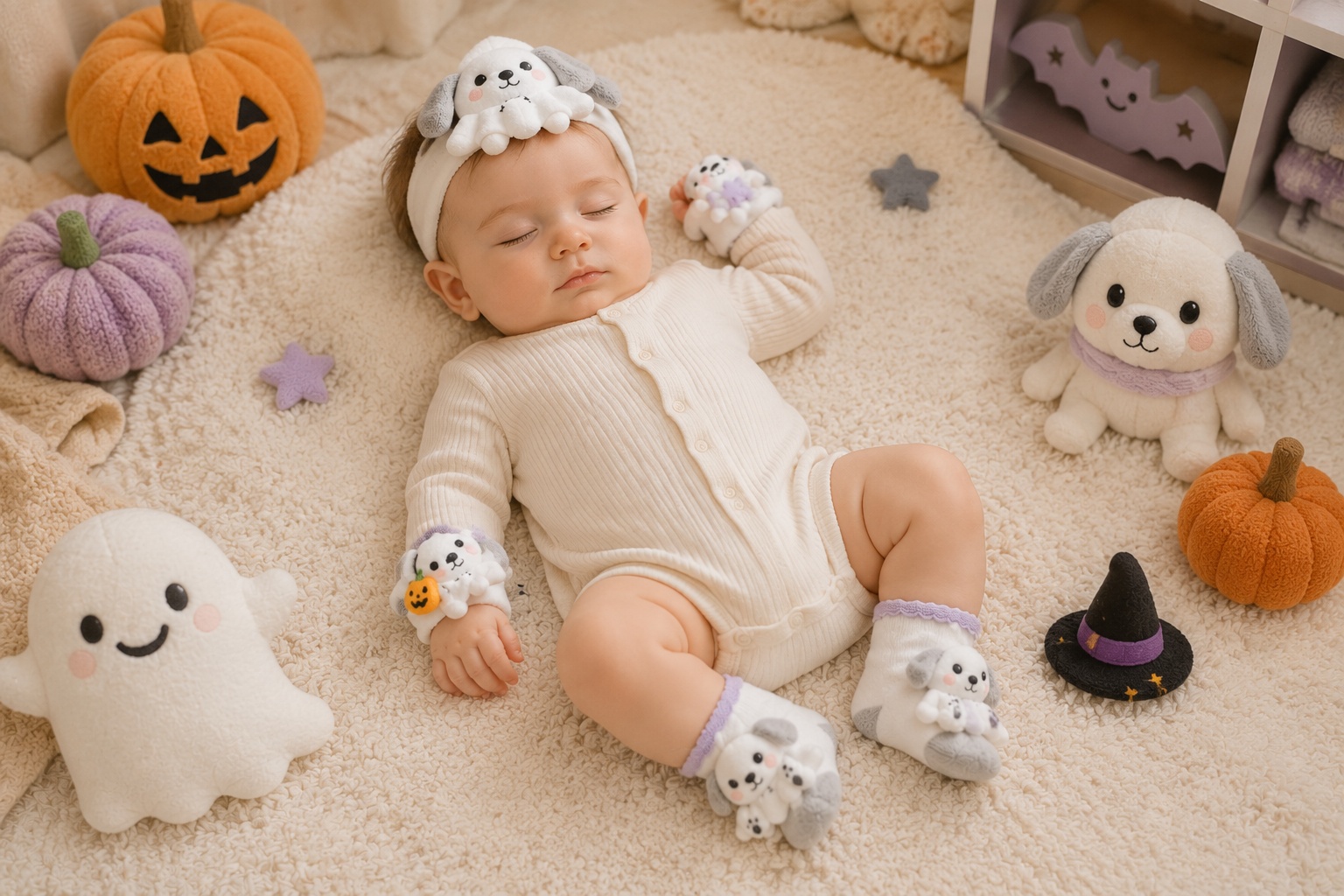 Wholesale Halloween Puppy Ghost Baby Gift Set with Plush Headband, Socks & Wrist Rattles