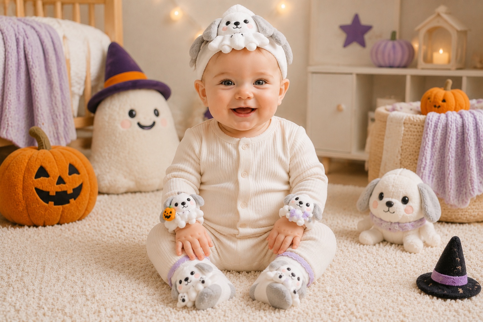 Wholesale Halloween Puppy Ghost Baby Gift Set with Plush Headband, Socks & Wrist Rattles