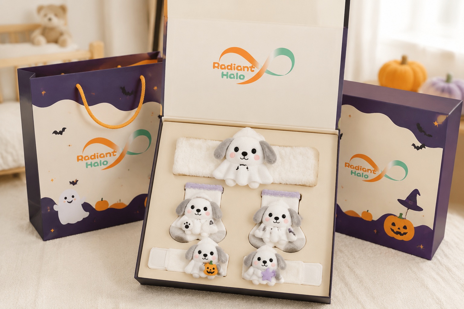 Wholesale Halloween Puppy Ghost Baby Gift Set with Plush Headband, Socks & Wrist Rattles