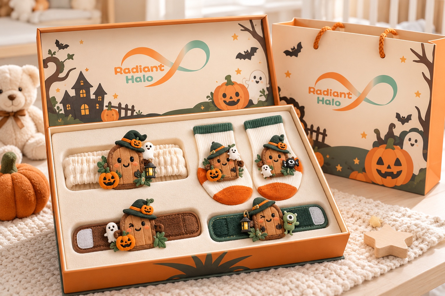 Wholesale Halloween Plush Door Baby Headband, Socks & Wristband Gift Set | Coordinated Seasonal Boutique Assortment
