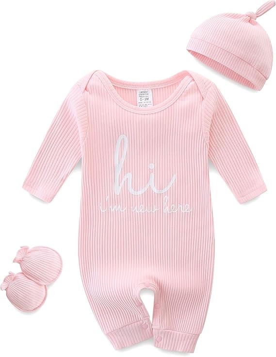 Newborn Girl Ribbed Cotton Romper with Matching Hat & Mittens – Gift-Ready Essentials for Baby Stores