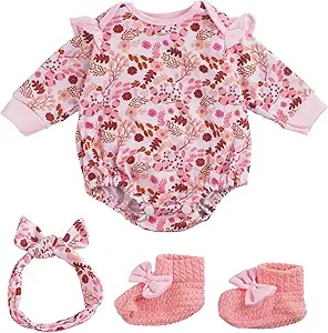 Baby Girl Floral Bodysuit with Headband and Knitted Booties – Full Gift Set for Stylish Displays