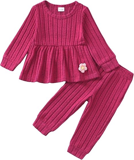 Winter Baby Girl Knit Outfit Set – Ribbed Long Sleeve Top and Pants with Flower Detail – Boutique Ready