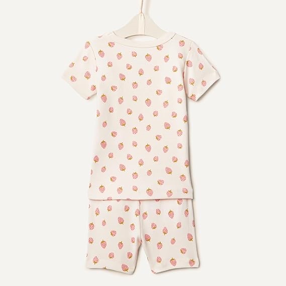 Summer Baby Girl Pajama Set – Strawberry Print Short Sleeve & Shorts – Lightweight Boutique Favorite