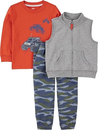 3-Piece Toddler Boy Adventure Outfit – Monster Truck Print Shirt, Vest & Camo Pants – Great B2B Seller