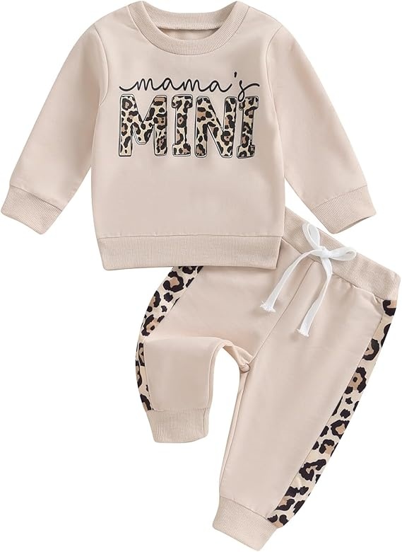 Mama’s Mini Baby Girl Sweatshirt & Pants Set – Soft Cotton with Leopard Accent