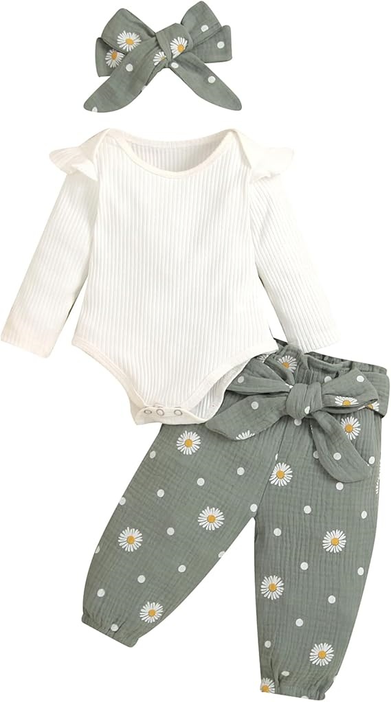 Daisy Print Baby Girl Clothing Set with Bow Headband – Soft Ribbed Bodysuit + Floral Pants