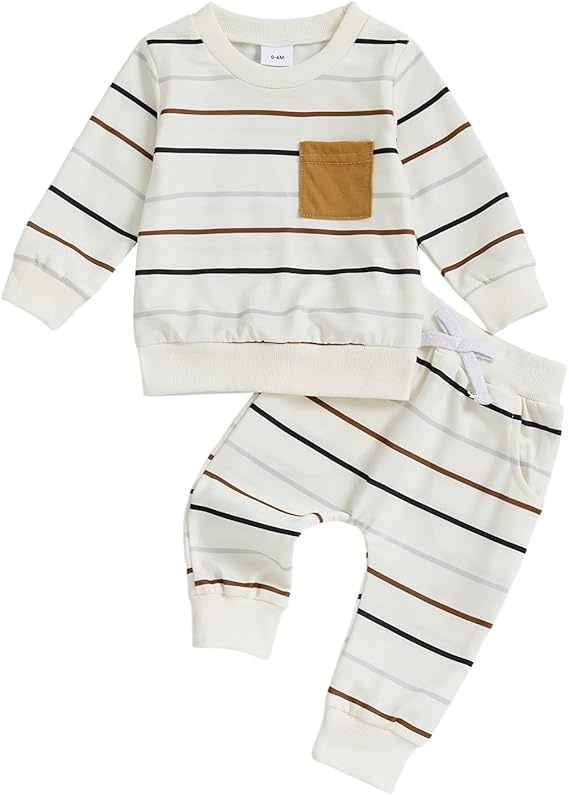 Striped Baby Boy/Baby Girl Tracksuit Set – Long Sleeve Top + Joggers with Pocket