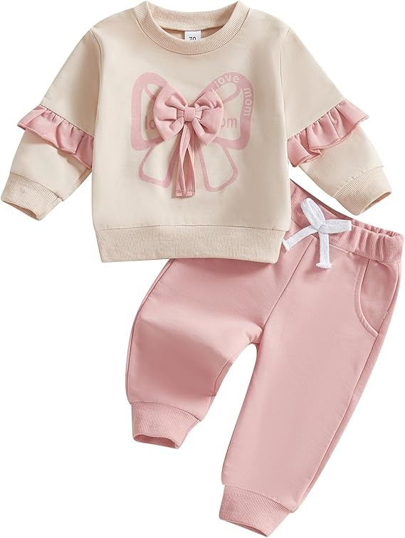 Baby Girl Pink Ruffle Outfit Set with 3D Bow – Cozy Cotton for Fall/Winter