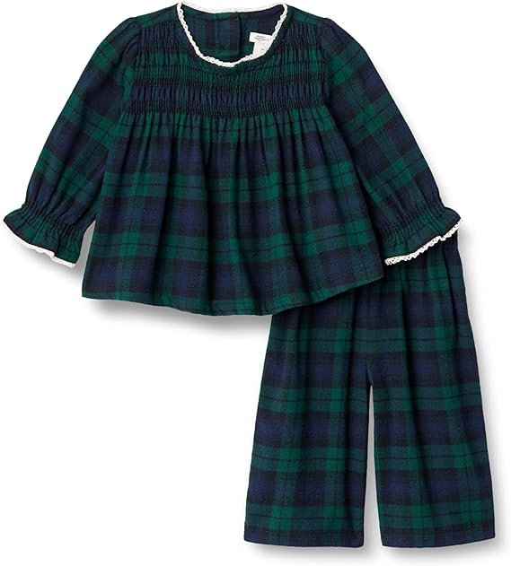 Plaid Long Sleeve Baby Girl Outfit – Soft Flannel Top and Wide Pants