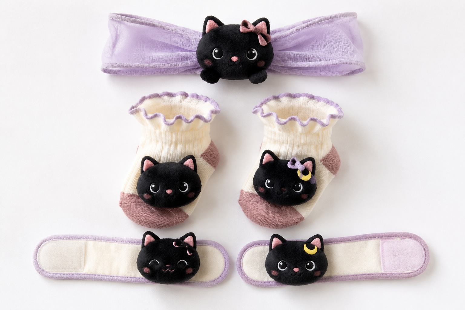 Wholesale Black Cat Baby Gift Set – Lilac Plush Headband, Wristbands & Socks for Boutique & OEM Orders