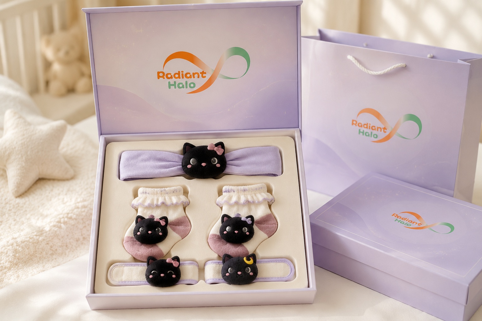 Wholesale Black Cat Baby Gift Set – Lilac Plush Headband, Wristbands & Socks for Boutique & OEM Orders
