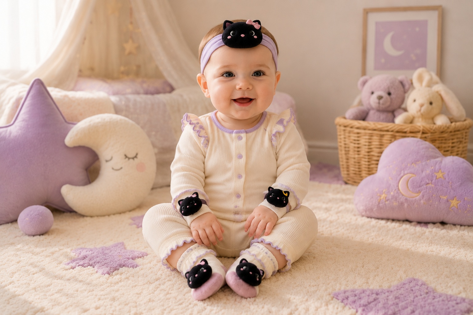 Wholesale Black Cat Baby Gift Set – Lilac Plush Headband, Wristbands & Socks for Boutique & OEM Orders