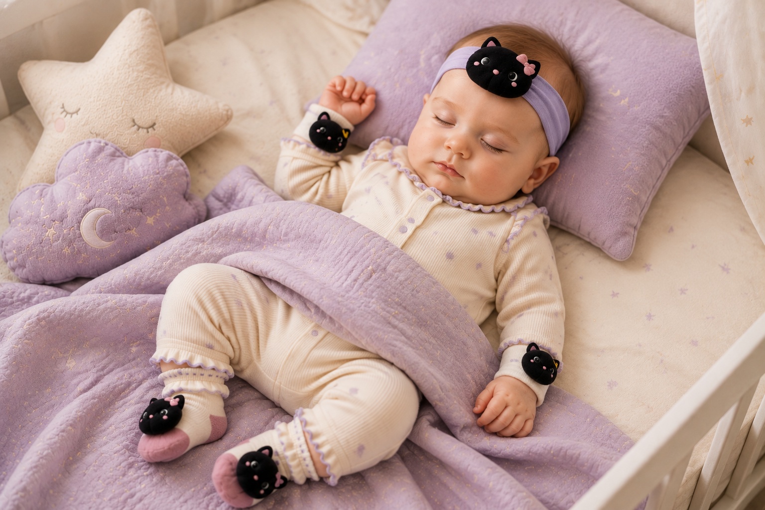 Wholesale Black Cat Baby Gift Set – Lilac Plush Headband, Wristbands & Socks for Boutique & OEM Orders