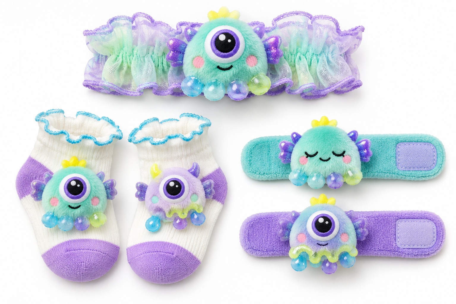 Wholesale Mint Monster Baby Gift Set with Plush Headband, Socks & Wrist Rattles | Boutique-Ready