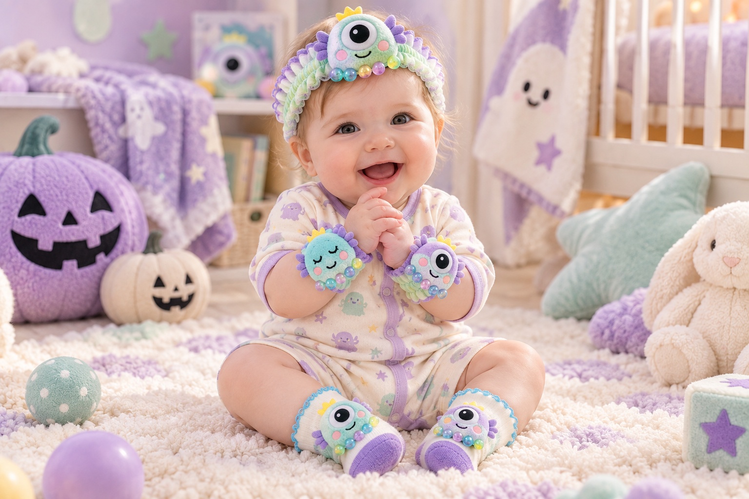 Wholesale Mint Monster Baby Gift Set with Plush Headband, Socks & Wrist Rattles | Boutique-Ready