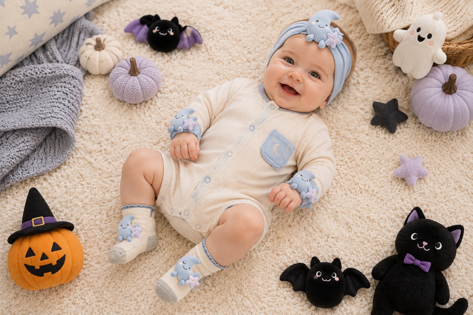 Wholesale Celestial Moon Plush Baby Gift Set – Soft Headband, Socks & Wristbands for Boutiques and Private Label