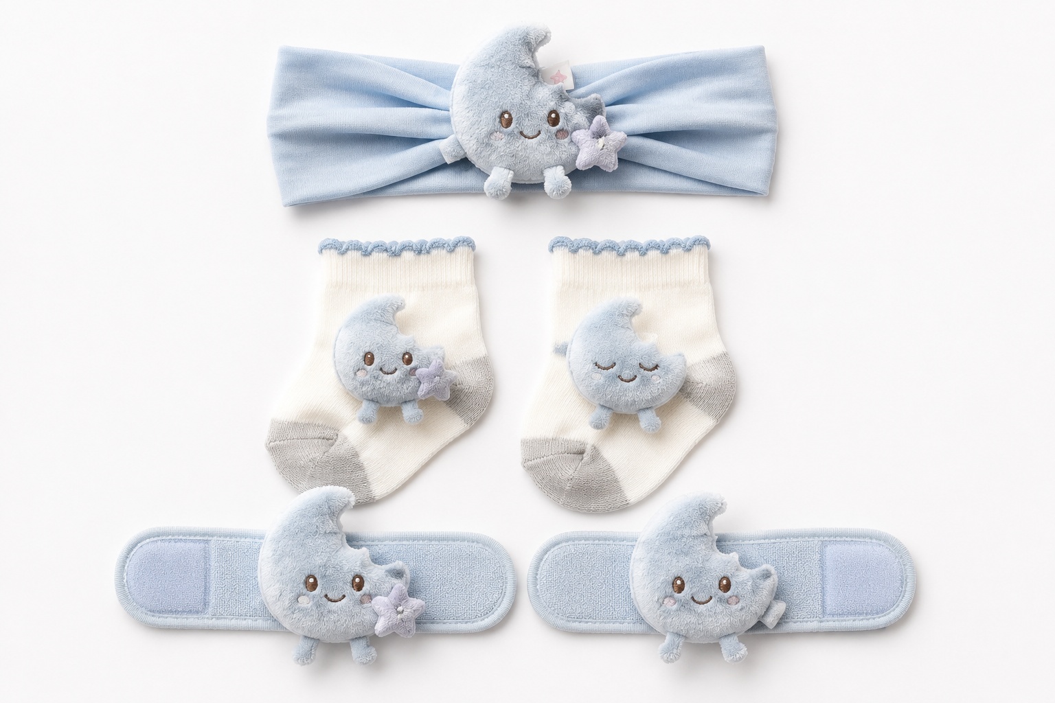Wholesale Celestial Moon Plush Baby Gift Set – Soft Headband, Socks & Wristbands for Boutiques and Private Label