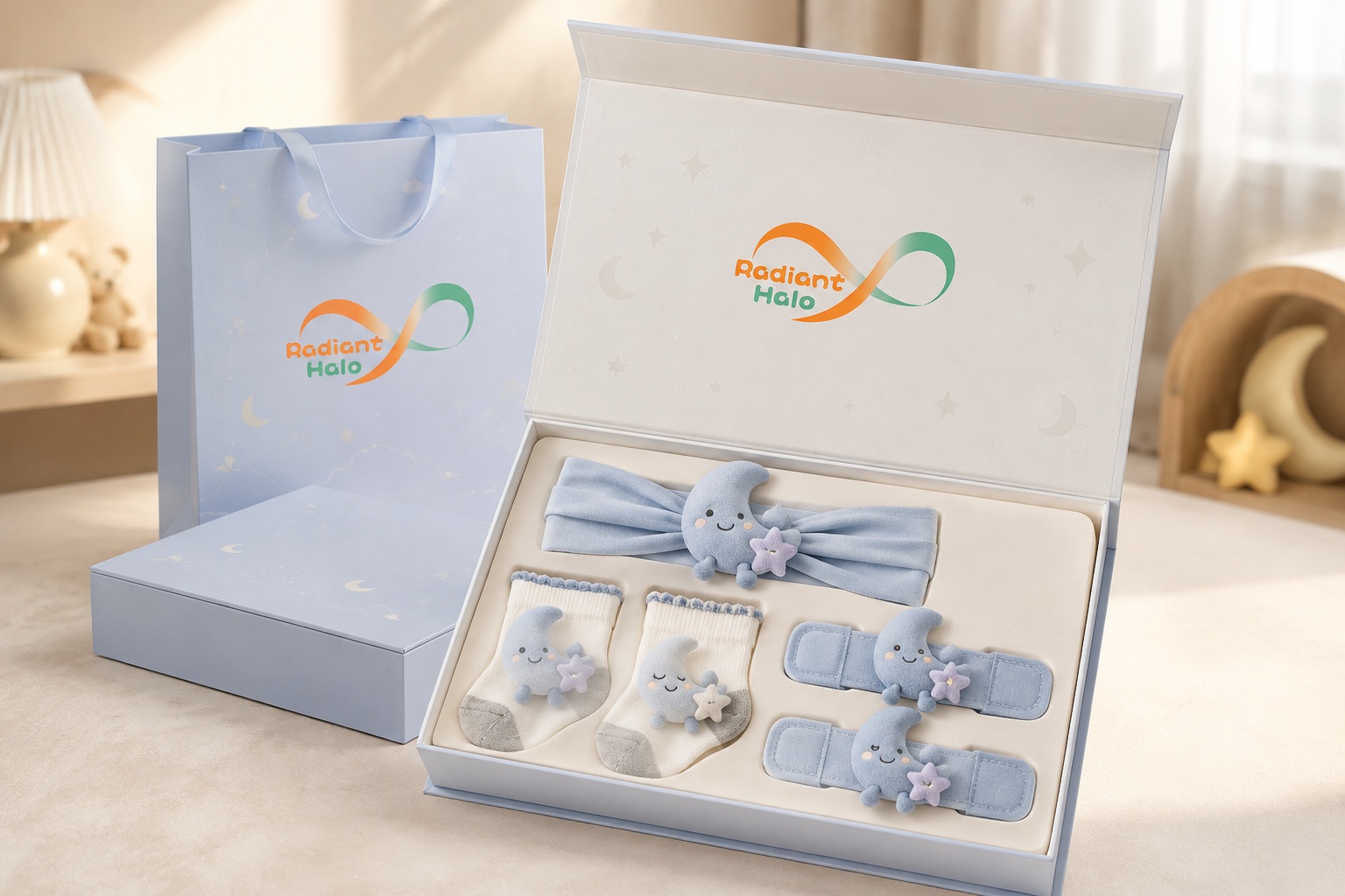 Wholesale Celestial Moon Plush Baby Gift Set – Soft Headband, Socks & Wristbands for Boutiques and Private Label