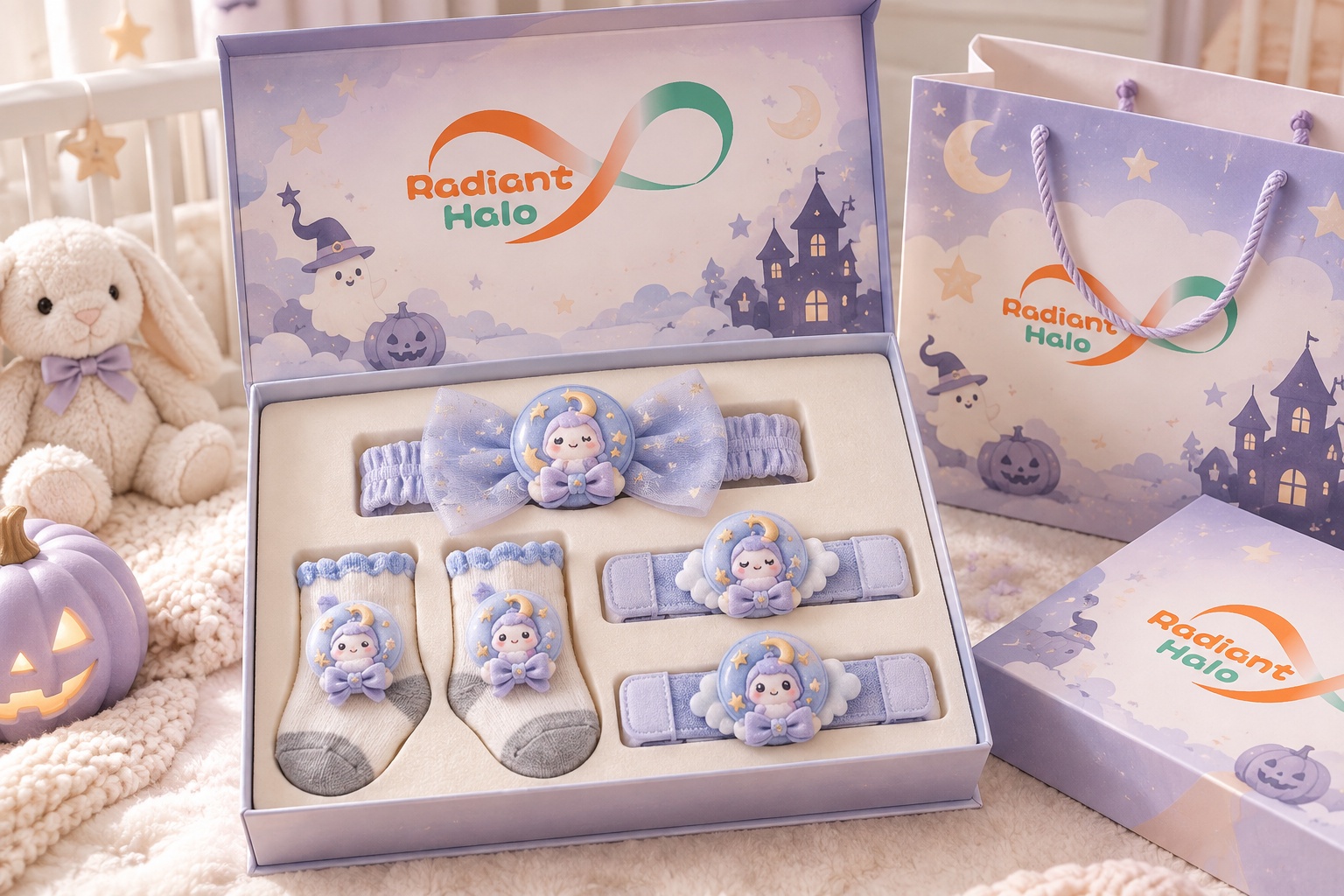 Wholesale Celestial Halloween Baby Gift Set – Moon Star Doll Tulle Headband, Socks & Wrist Rattles